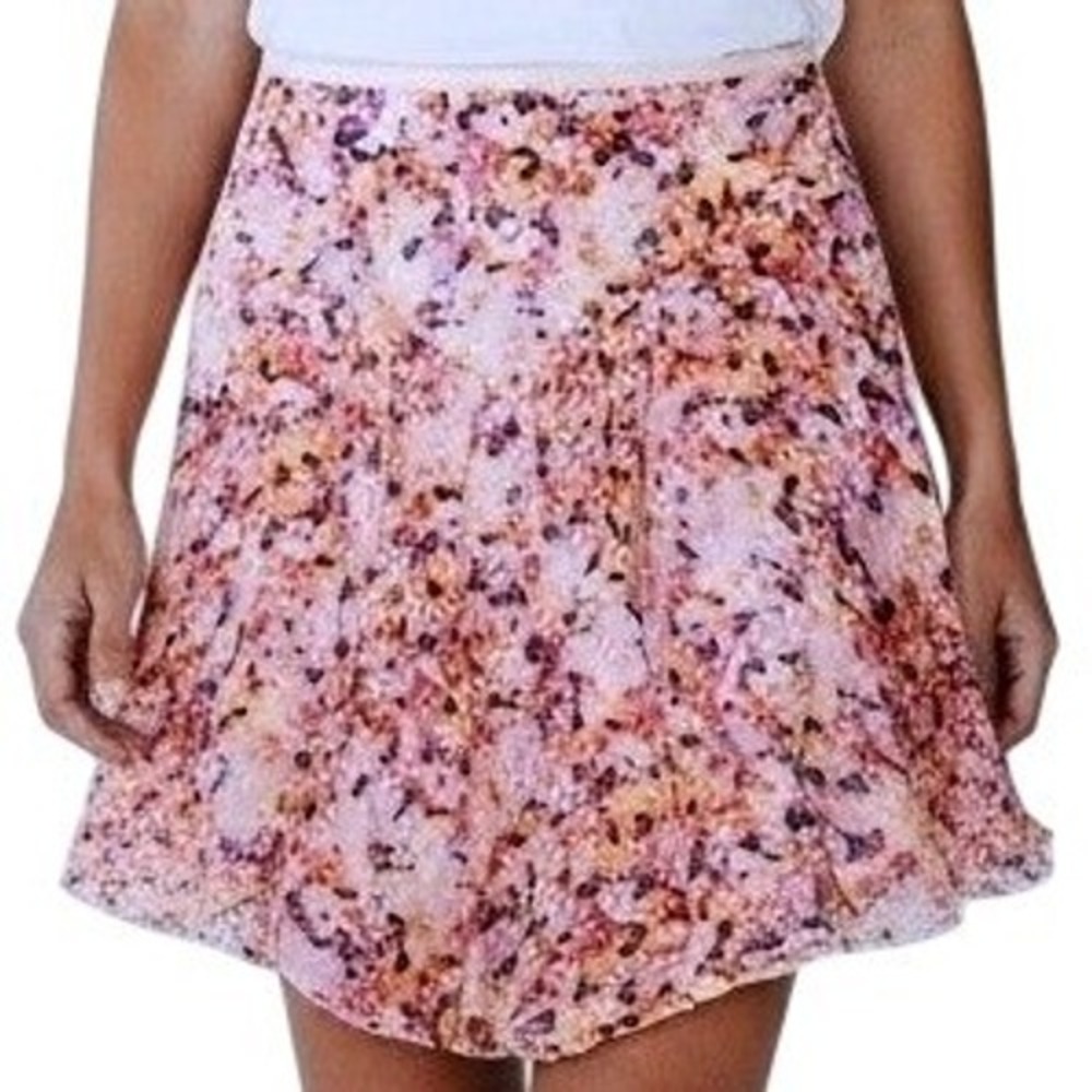 Diane von Furstenberg Silk Floral Mini Skirt Womens Medium Pink Orange Pleated